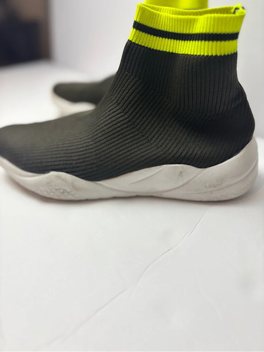 Zara Black Knit Sock Sneakers with Neon Yellow Stripe